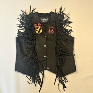 Women’s Black Fringe Leather Biker Vest with Patches